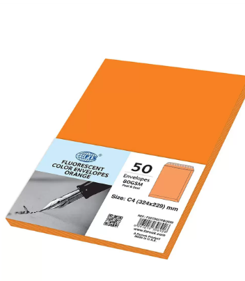 FIS Color Envelopes Peel & Seal, Neon Colors, Pack of 50 Pcs. Orange Color, C4 (324 x 229 mm), 80 GSM - FSEC8027PBOR50