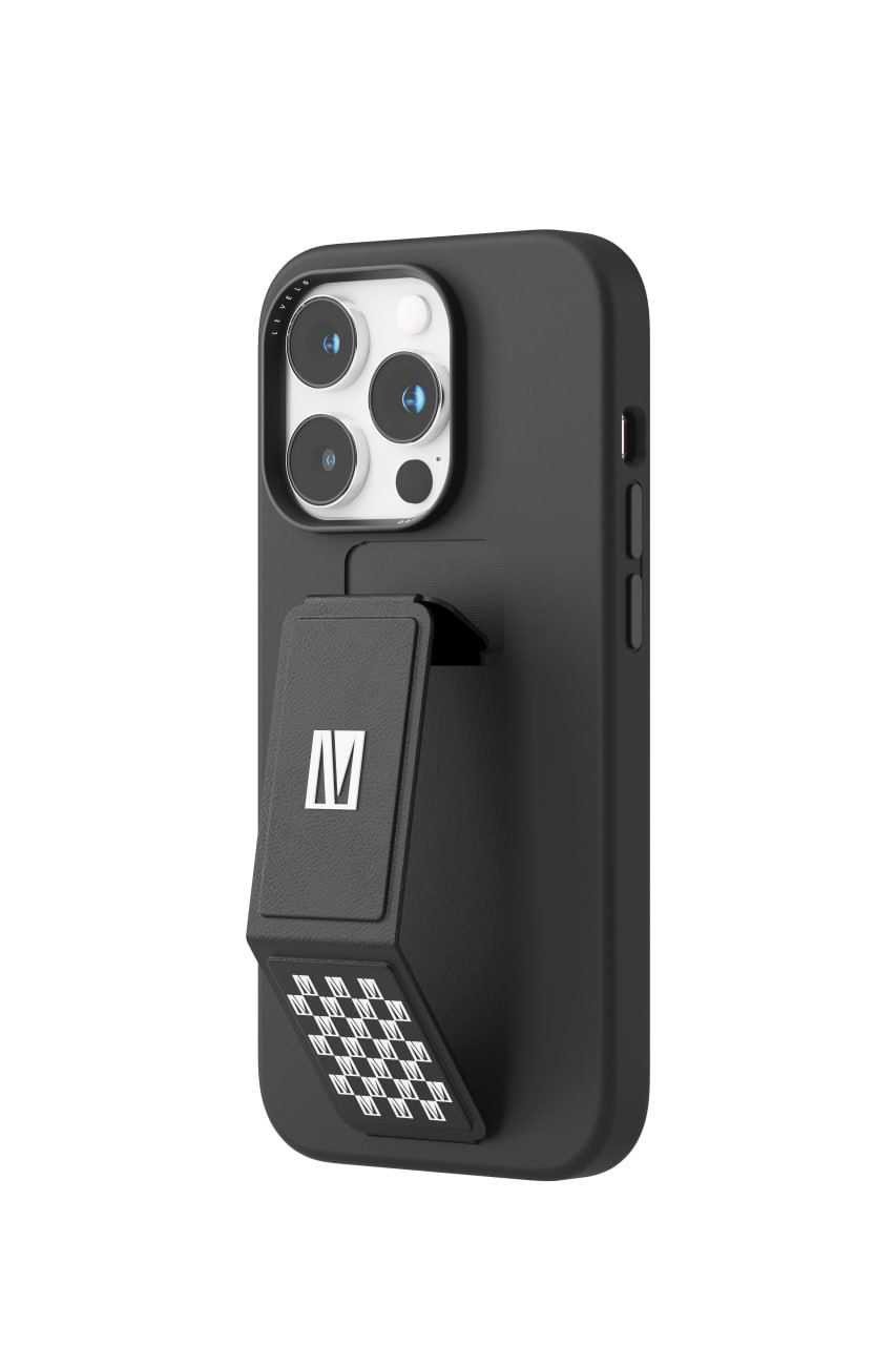 Levelo Morphix Silicone Case with Leather Grip Stand for iPhone 14 Pro Max - Black