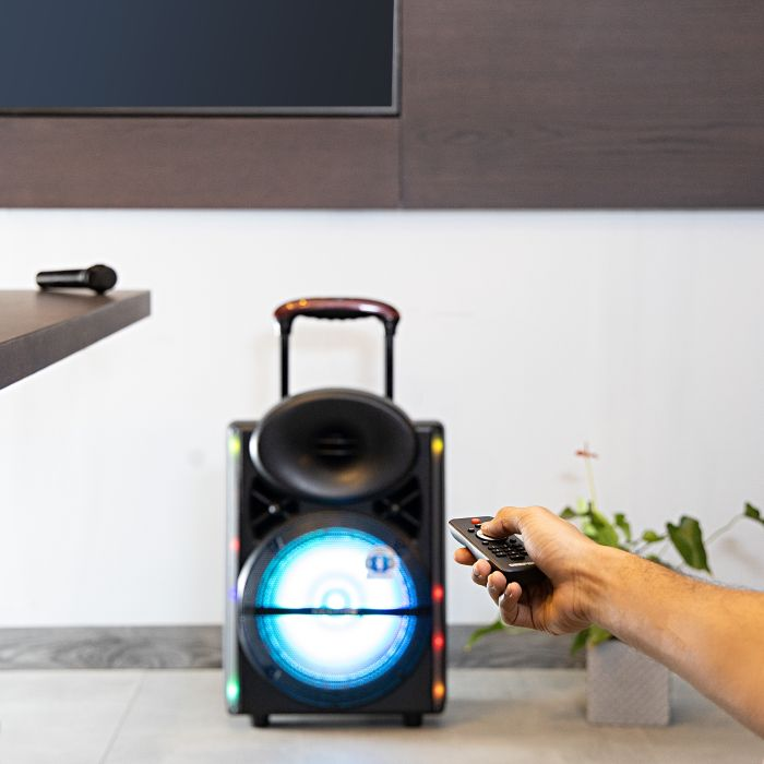 Geepas GMS8567 - 12-Inch Trolley Bluetooth Speaker - Wireless Microphones, Battery Powered Rechargeable | Karaoke DJ Speaker With LED Lights | Portable Speaker With Trolley Handle |2 Years Warranty