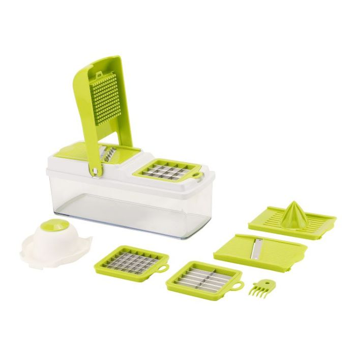 Royalford RF7768 Multi-Purpose Vegetable Chopper - Mandolin Dicer With Easy Interchangeable Slice Blades, Food Container & Cleaning Brush | Onion Chopper Potato Chipper| Kitchen Tool To Chop-Grate-Shr