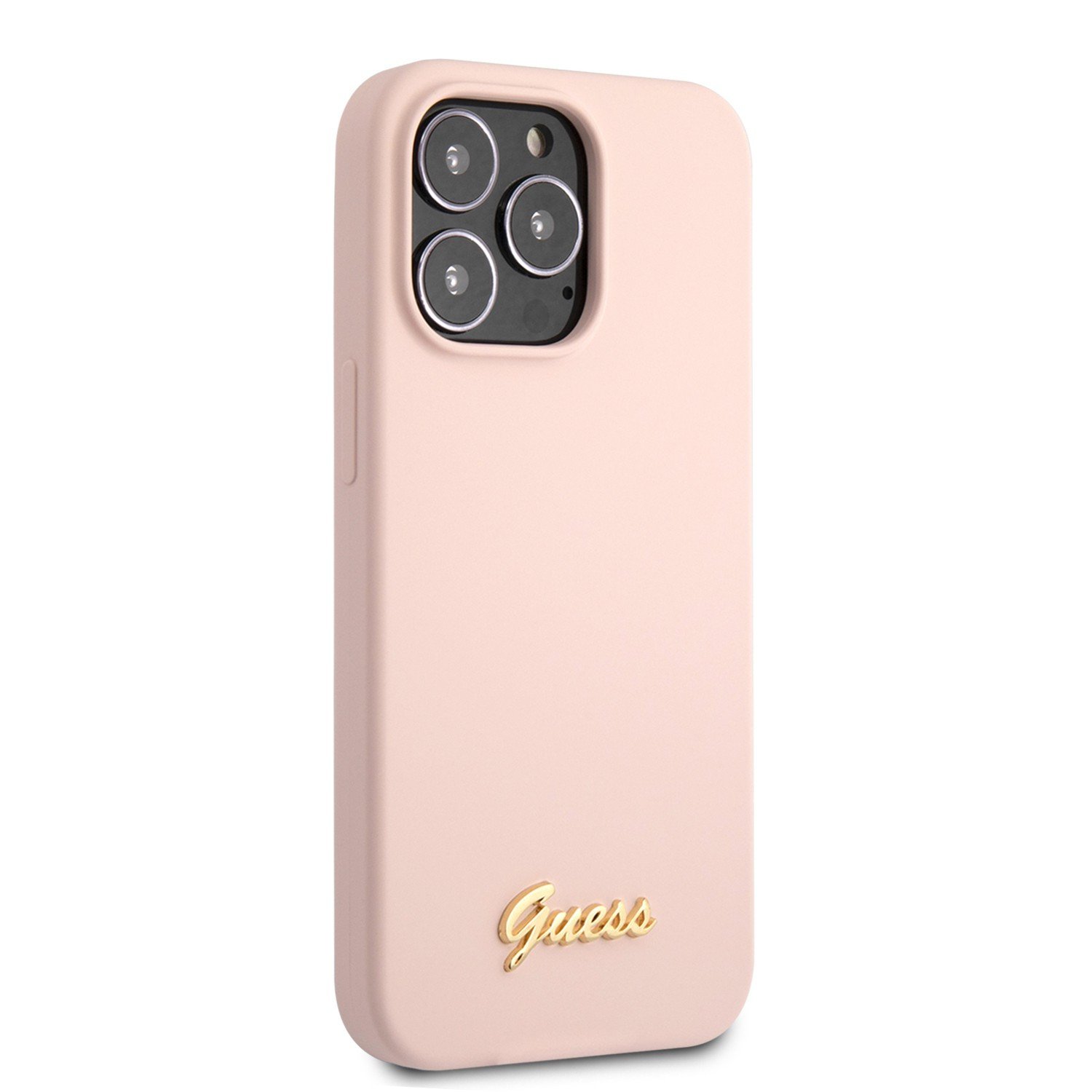 Guess Liquid Silicone Case With Gold Metal Logo Script For iPhone 13 Pro Max (6.7") - Pink