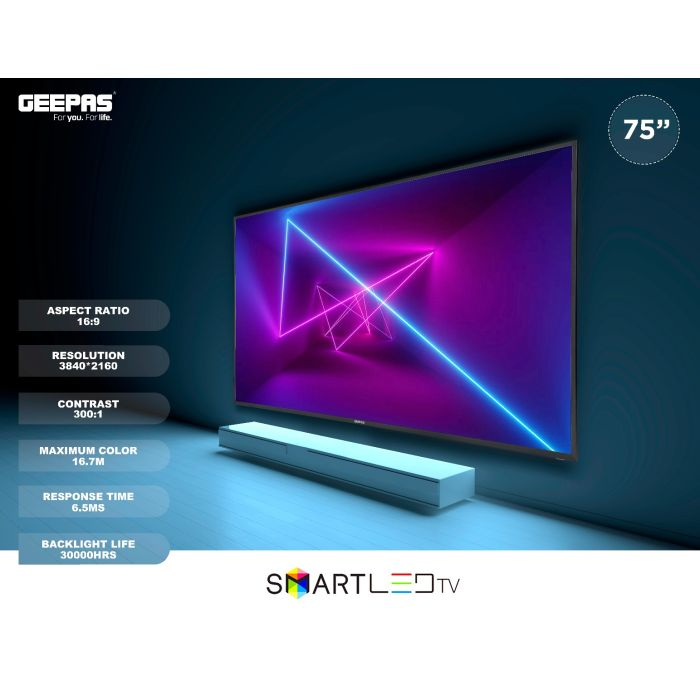 Geepas GLED7520SEUHD 75" Smart LED TV - Mirror Cast, 3.5mm, 3 HDMI & 2 USB Ports |2GB Ram, Wifi, Android 9.0 With E-Share | Comes Application Like Youtube, Netflix, Amazon Prime | 1 Years Warranty