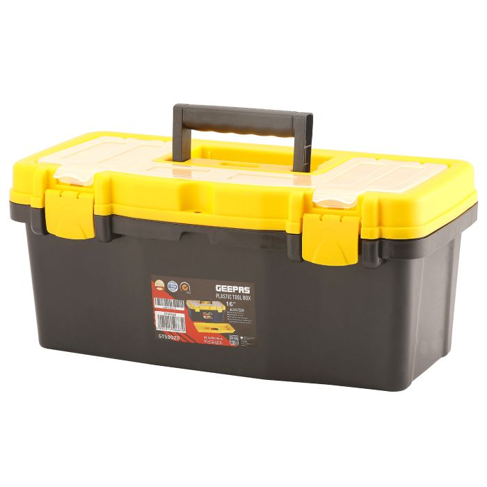 Geepas GT59020 16" Plastic Tool Box With Gripped Handle, Detachable Tray And Durable Tool Storage Organiser
