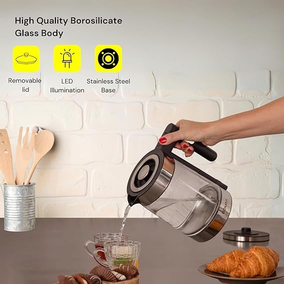 DOMEA Electric Glass Kettle, 1.8 Litre, 360° Rotational Cordless Electric Jug With Detachable Power Base, LED Illumination, Auto Cut-off Function, 1500 W, For Home & Office, 2 Year Warranty
