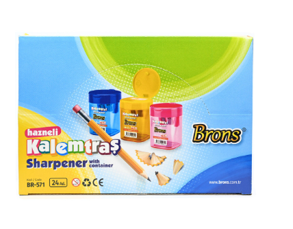 Brons Sharpener With Contianer 24 Pieces Per Box, 6 Assorted Colors -KRSPBR-571