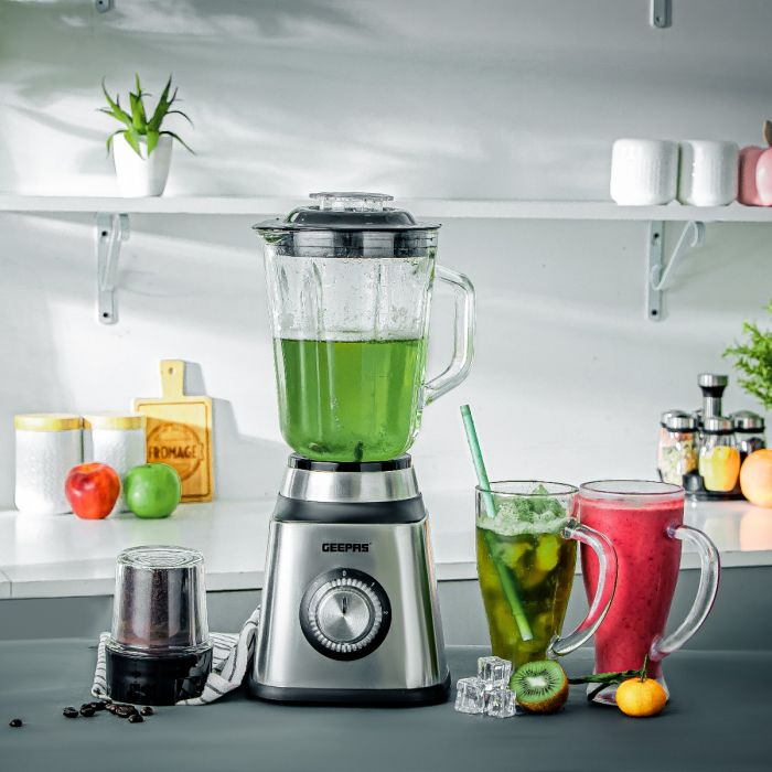 Geepas 2-in-1 Blender with 500W Motor, 1.5L Glass Jar & Grinder – 2 Speed with Pulse, Safety Lock, Stainless Steel Blades