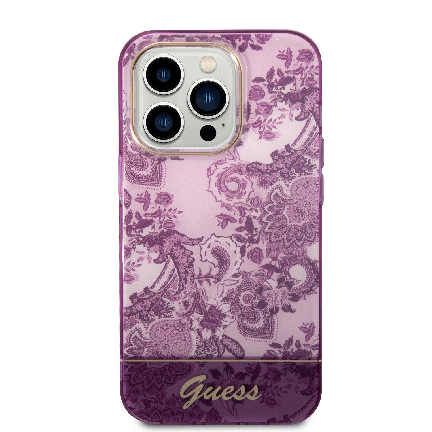Guess PC/TPU IML Case With Double Layer Electroplated Camera Outline & Toile De Jouy For iPhone 14 Pro Max - Fuschia