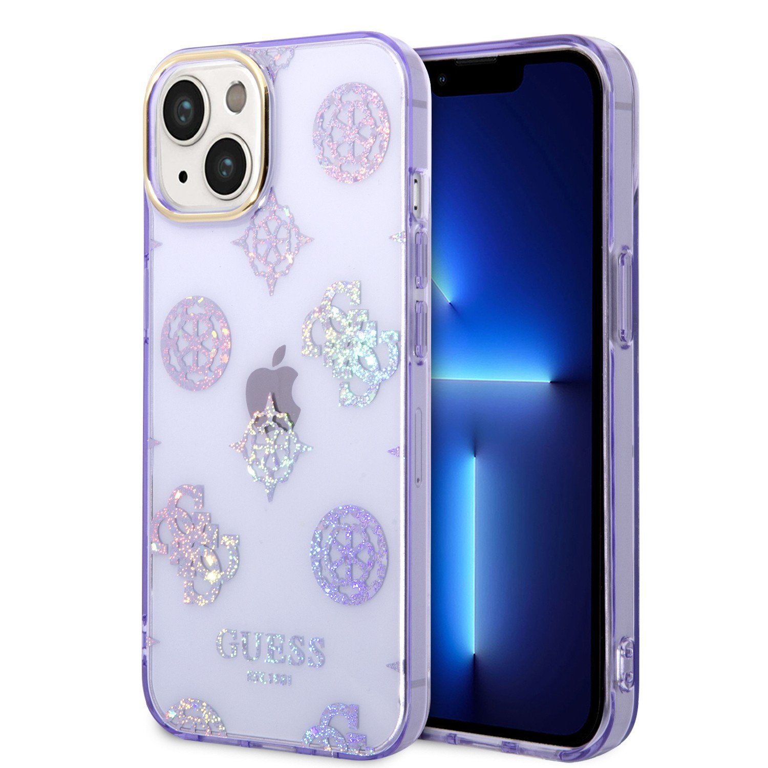 Guess PC/TPU IML Case With Electroplated Camera Outline & Peony Glitter For iPhone 14 (6.1") - Lilac
