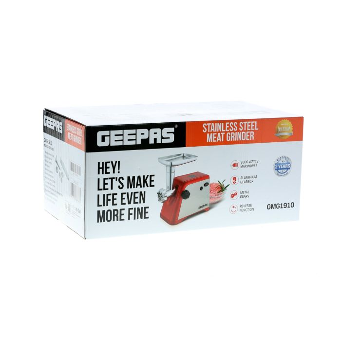 Geepas 1600W Electric Meat Grinder - Reverse Function Aluminum Gearbox Metal Gears, 3 Metal Stainless Steel Cutting Plates, Accessories, Metal Gears, Stainless Steel Blade - 2 Years Warranty
