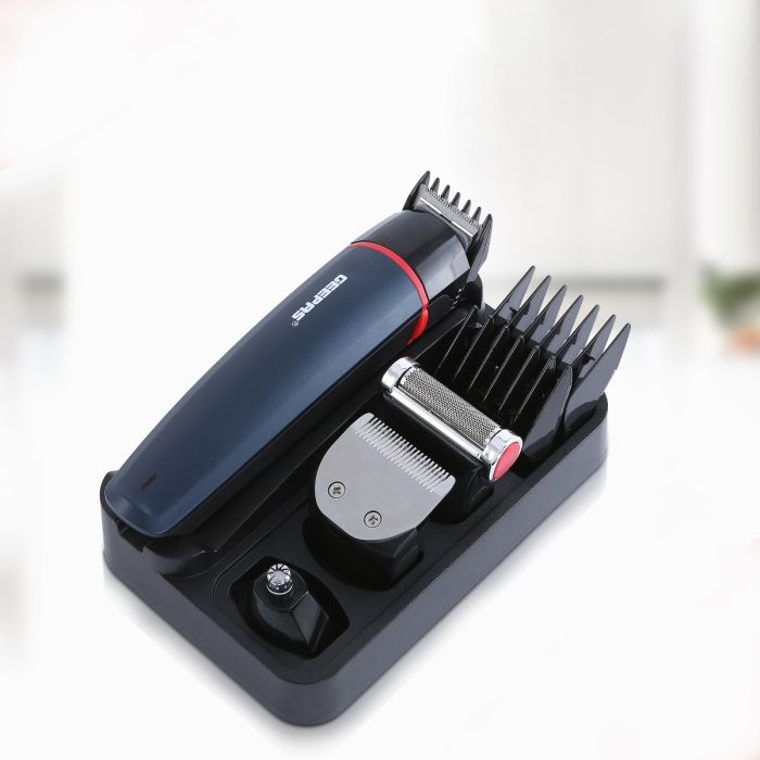 Geepas GTR8128N 7 In 1 Hair Trimmer 500mAh - Cordless Hair Clippers, Grooming Kit With Stand, LED Indicators | 5 Interchangeable Heads For Shaving, Detailing, Grooming Beards, Stubble, Nose And Body