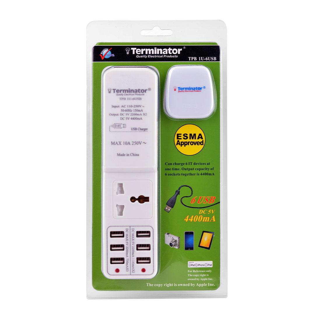 1 Way Universal Extension Socket 6 USB Ports DC 5V 4400mA 2M detachable cable 13A Plug Max 10A 250V