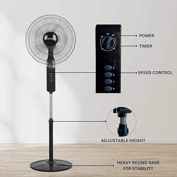 DOMEA Stand Fan 16 Inches, 5 Leaf ABS Blade, 3 Speed Control & Timer, Adjustable Height & Tilt, Ideal For Room, Office, Apartment Use, Silent Pedestal Powerful Oscillating Cooling Fan, 45 W