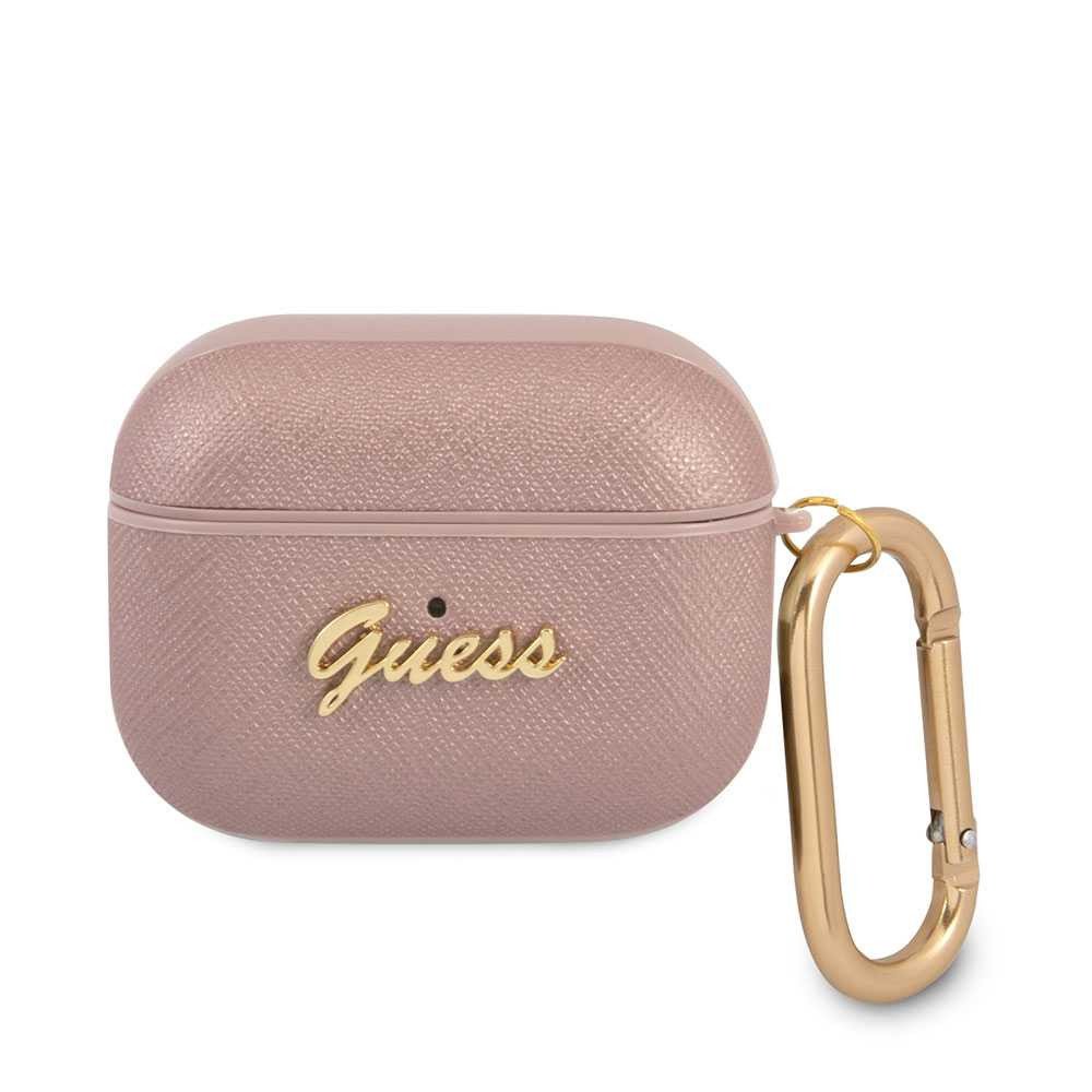 Guess PU Saffiano Case with Script Metal Logo for Airpods Pro - Pink