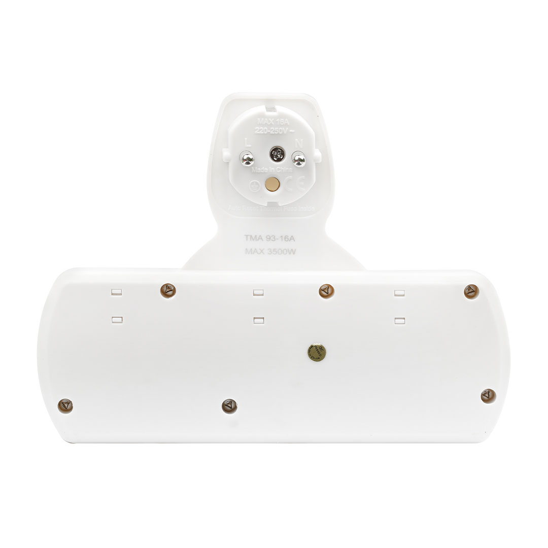 3 Way Universal T-Socket Multiway Adaptor with Schuko Plug,  Individual Switches & Indicators