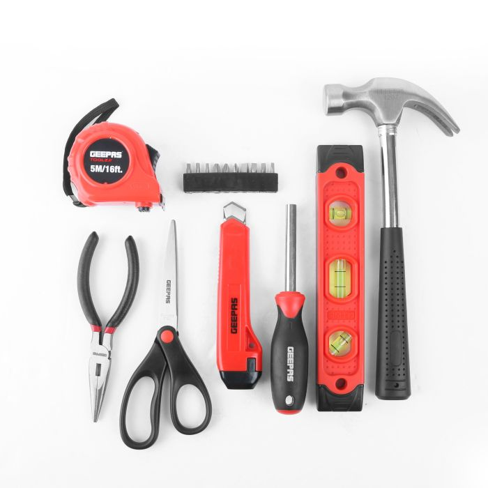 Geepas GT59025 17Pc Mini Tool Kit - General Household Hand Tool Kit - Includes Scissor, Retractable Knife, Measuring Tape, Magnetic Holder With 10 Bits, Pliers, Torpedo Level And Claw Hammer