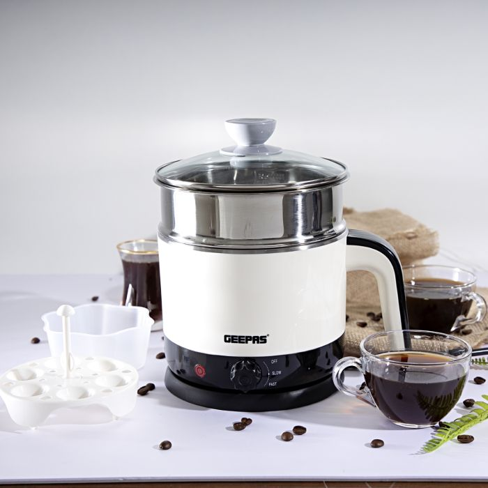 Geepas Double Layer Multifunction Cooker 1000W - Electric Rice Cooker, Nonstick With Glass Lid Electric Skillet For Cooking Soup Rice, Porridge Fried | Ideal For Indoor & Outdoor Use