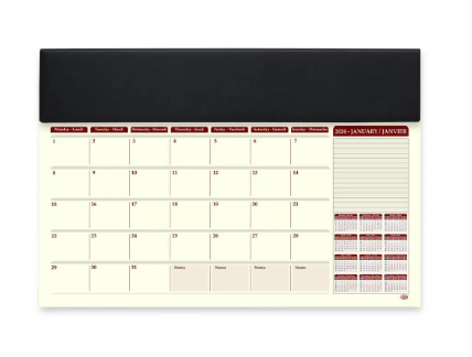 FIS Year Planner 2024 (English/French) with PVC Desk Blotter and Italian PU Flap, Black - FSDKPEF24BK