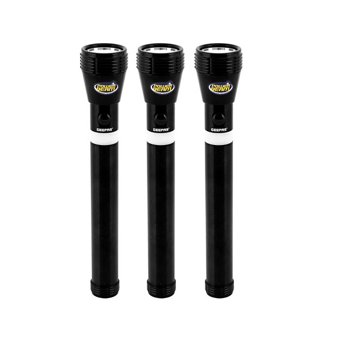 Geepas 3 IN 1 Family Pack Rechargeable Led Flashlight - Hyper Bright White 2000 Meters Range Portable Torch High Beam LED Flashlight| Water Proof Pocket Flashlight With Charger & Battery