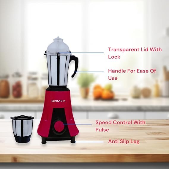 DOMEA Mixer Grinder, 550 Watts, Stainless Steel, 2 Jars, 3 Speed + Pulse, 1.5L Liquid Jar, 400ml Chutney Jar