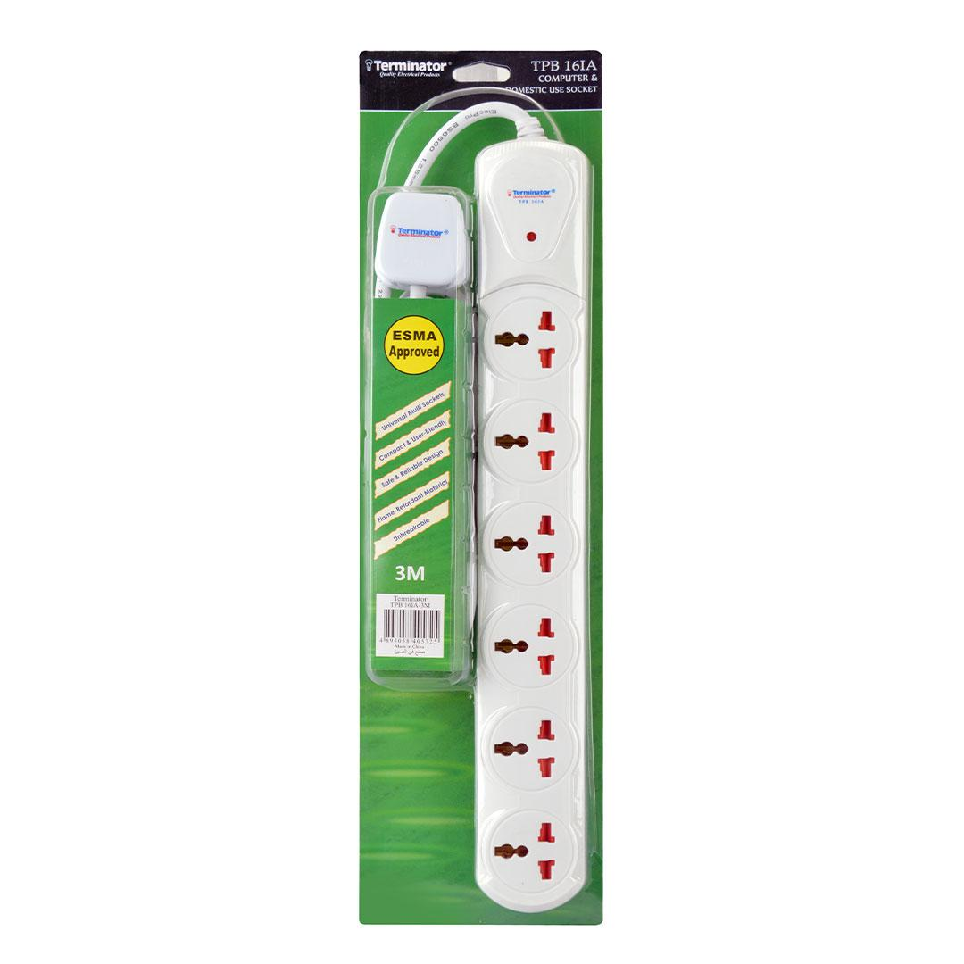 6 Way Universal Power Extension Socket 1.25mm2 Cable Single LED Off White Body 3M Cable 13A Plug