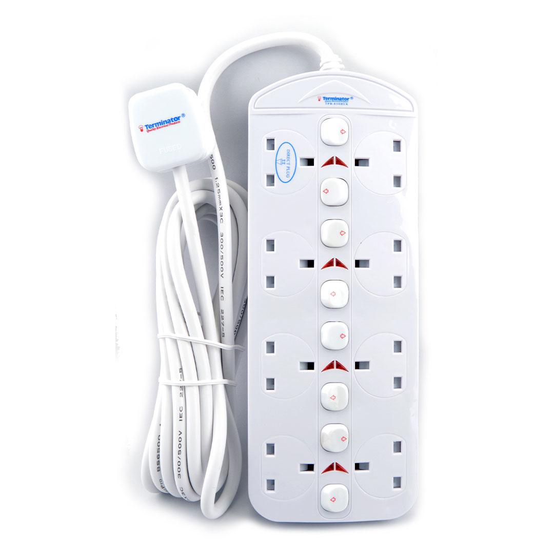 8 Way Double Side UK Power Extension Socket With Individual Switches 5M 1.25mm2 Cable 13A Plug