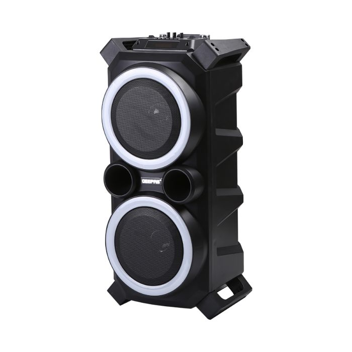 Geepas Portable Speaker 30000W PMPO -2600 MAh Rechargeable Battery, Powered With Bluetooth, Microphone & Cable, AM/FM Radio, Wheels & Easy Handle And USB Charging For Smartphones & Tablets