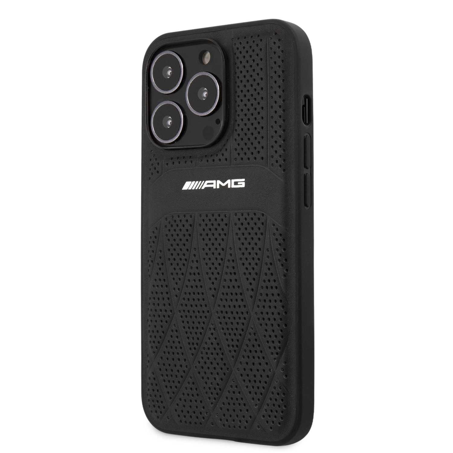 AMG Genuine Leather Case With Perforated Black Leather Curved Lines Hot Stamped With Logo For iPhone 13 Pro (6.1") -